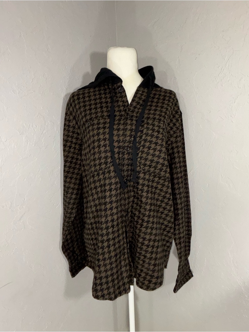 Original Use Brown and Black Houndstooth Hooded Button-Up